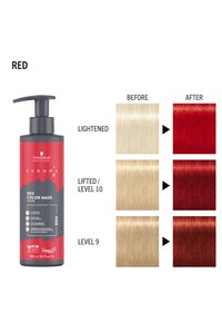 Rode Colormask van Schwarzkopf met een pompdispenser. De verpakking is zwart en rood met zilverkleurige tekst. Kleurstalen tonen het haar voor en na de behandeling.