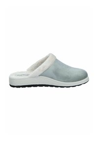 Gray slipper with a soft, plush interior trim and a textured white sole, featuring a rounded toe and slip-on design.