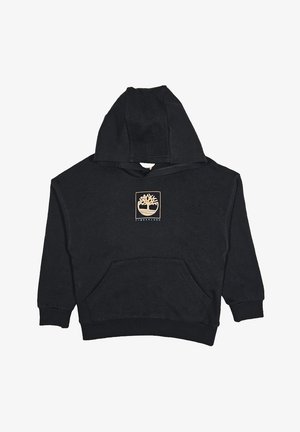 Sweatshirt à capuche en coton noir avec une poche kangourou. Présente un logo carré représentant un arbre en beige et bleu en dessous.