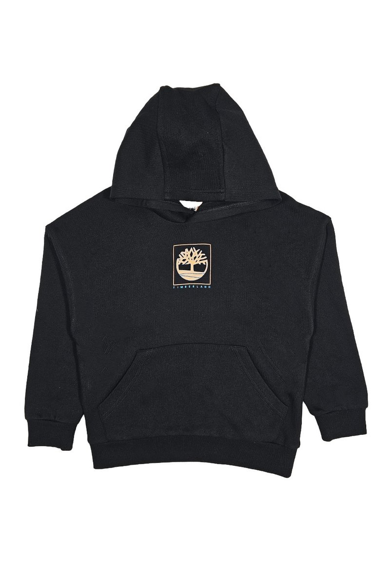 Felpa con cappuccio nera in cotone con tasca a marsupio. Presenta un logo quadrato che raffigura un albero in beige e blu sotto di esso.