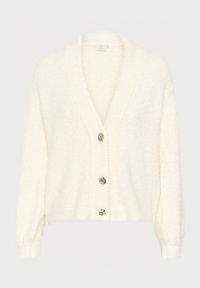 Biely pletený cardigan s výstrihom do V, so štyrmi okrúhlymi textúrovanými gombíkmi a elastickými manžetami. Tkanina vyzerá mäkko a nadýchané.