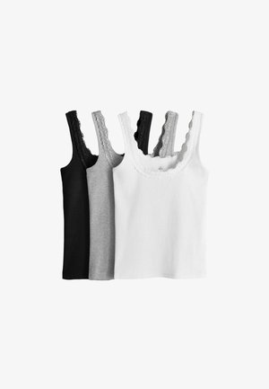 Four tank tops in black, gray, white, and cream, featuring wide straps and lace trim along the neckline and armholes.