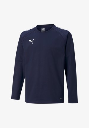 Marineblauwe sportoverhemden met lange mouwen gemaakt van vochtafvoerende stof. Voorzien van een wit Puma-logo en contrasterende witte schouderaccenten.