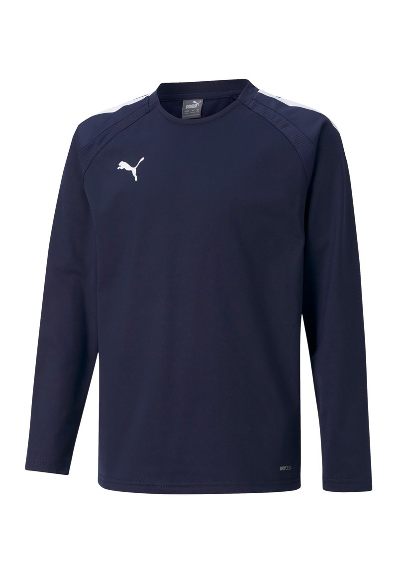 Navy Langarm-Sportshirt aus feuchtigkeitstransportierendem Material. Mit einem weißen Puma-Logo und kontrastierenden weißen Schulterakzenten.