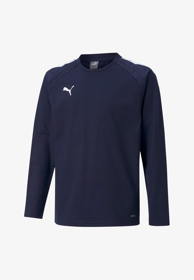Navy Langarm-Sportshirt aus feuchtigkeitstransportierendem Material. Mit einem weißen Puma-Logo und kontrastierenden weißen Schulterakzenten.