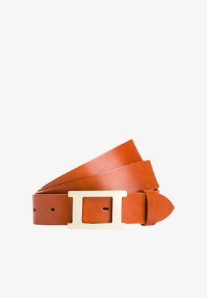 Tan leather belt with a large rectangular silver buckle, coiled neatly on a white background.