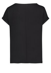 Top nero a maniche corte con scollatura rotonda, vestibilità rilassata, tessuto morbido e una cucitura verticale lungo il centro della schiena.