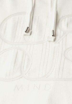 White hoodie with ribbed texture, featuring oversized glossy lettering and minimalistic design. Adjustable drawstrings with metal tips.