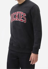 Černá mikina s žebrovaným výstřihem a manžetami. Na hrudi je výrazný červený vyšitý nápis "DICKIES". Hladká textura látky.