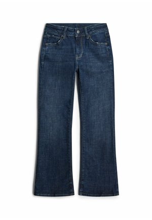 Dunkelblaue Denim-Jeans mit Bootcut-Bein, vorderer Knopfleiste, Reißverschluss und Fünf-Taschen-Design, flach auf weißem Hintergrund gelegt.