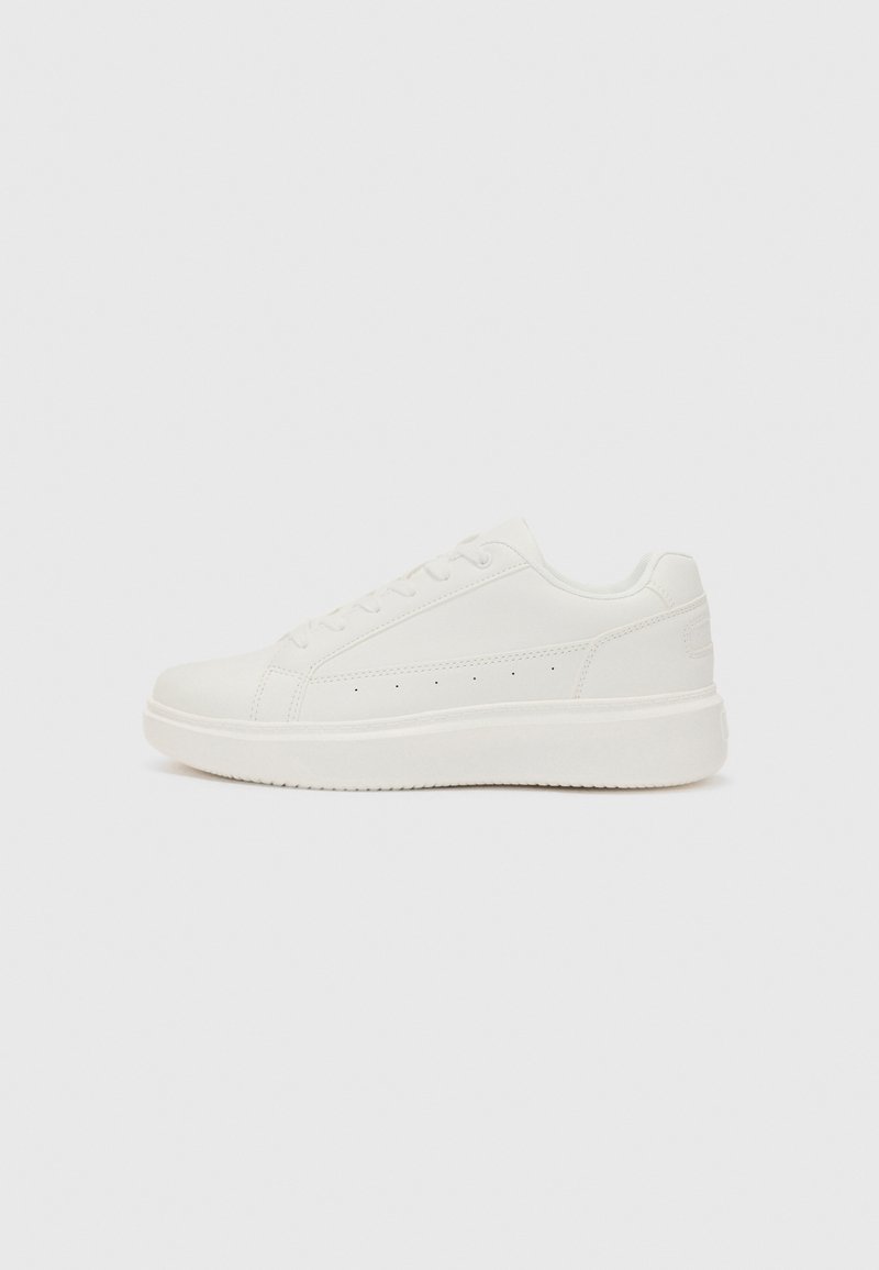 White sneakers with a smooth leather upper, flat lace closure, a thick white sole, and subtle perforations for ventilation.