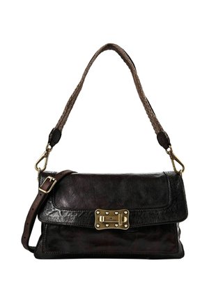 Dark brown leather shoulder bag with braided strap, adjustable buckle, and rectangular gold-tone clasp on front flap.