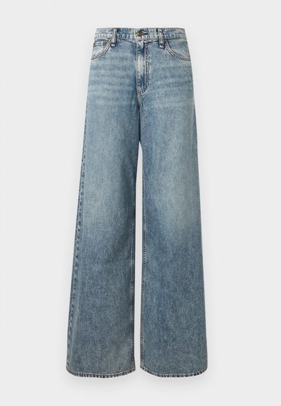 Hellblaue Jeans mit weitem Bein aus Denim, mit hoher Taille, ausgewaschenem Look, Fünf-Taschen-Design und kontrastierenden Nähten.