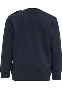 Marinblå sweatshirt i mjuk bomullstyg, med rund hals, ribbade mudd och nederkant, samt en knappdetalj på axeln för enkel påklädnad.
