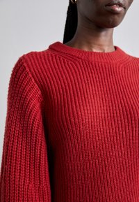 Gros plan d'une personne portant un pull en tricot côtelé rouge et une boucle d'oreille en or en forme d'anneau, montrant le cou, l'épaule et une partie du visage avec les lèvres fermées.