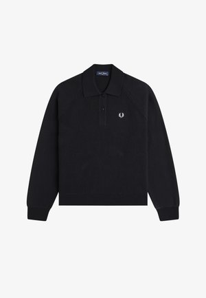 Schwarzer langärmeliger Strick-Polopullover mit gerippten Bündchen und Saum, Zwei-Knopf-Leiste und kleinem weißen Lorbeerkranz-Logo auf der Brust.