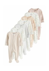 Set med åtta babybodyar i mjuk bomull, med pastellfärger, ränder och olika tryck, inklusive moln och trianglar.