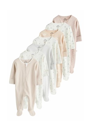 Set aus acht Baby-Overall aus weicher Baumwolle, mit pastellfarbenen Tönen, Streifen und verschiedenen Drucken, einschließlich Wolken und dreieckigen Formen.