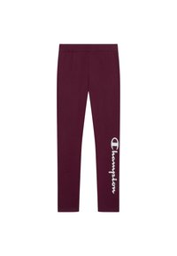 Bordowe legginsy wykonane z elastycznego materiału. Posiadają białe logo "Champion" wydrukowane pionowo na lewej nodze. Płaski krój pasa.