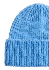 Blue knitted beanie hat with a ribbed texture, featuring a folded cuff and a soft, fuzzy appearance. Lightweight and warm material.
