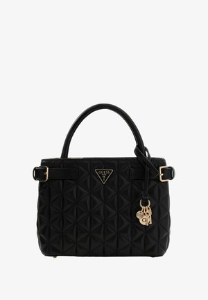 Sac à main synthétique noir matelassé avec une plaque logo triangulaire, deux poignées supérieures et un porte-clés amovible orné d'accents en forme de clé. Détails en métal doré.