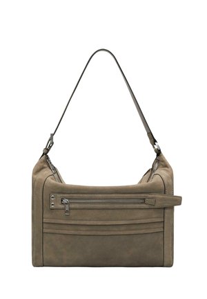Rechteckige olivgrüne Wildleder-Schultertasche mit einem Trageriemen, Front-Reißverschlusstasche und Metallösen-Details.