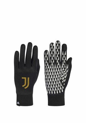 Guantes deportivos negros con logo dorado de Juventus en la parte trasera, patrón de agarre blanco texturizado en las palmas, puntas de los dedos compatibles con pantalla táctil y puños elásticos.