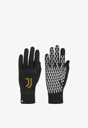 Guantes deportivos negros con logo dorado de Juventus en la parte trasera, patrón de agarre blanco texturizado en las palmas, puntas de los dedos compatibles con pantalla táctil y puños elásticos.