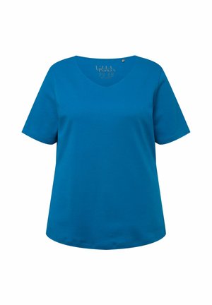 Turquoise T-shirt met korte mouwen en een V-hals, gemaakt van zachte stof; heeft een relaxte pasvorm en een gebogen zoom voor extra comfort.
