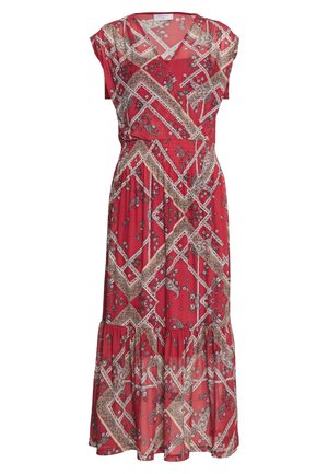 Rød kjole med mønster, korte ærmer, V-udskæring og høj talje. Kjolen har et flydende skørt og indviklede geometriske motiver i guld og hvidt.