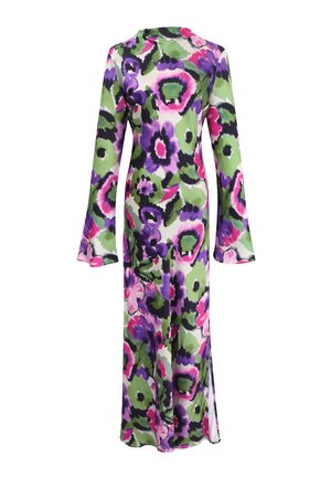 Blumenkleid aus transparenter Stoff mit langen, ausgestellten Ärmeln, rundem Ausschnitt und lebhaften Grün-, Lila- und Pinkmustern.