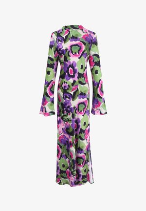 Blumenkleid aus transparenter Stoff mit langen, ausgestellten Ärmeln, rundem Ausschnitt und lebhaften Grün-, Lila- und Pinkmustern.