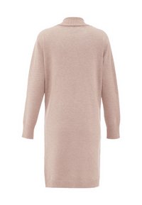 Hellrosa gestricktes Sweaterkleid mit hohem Kragen, langen Ärmeln sowie gerippten Bündchen und Saum, das eine glatte Textur und einen lässigen Schnitt aufweist.