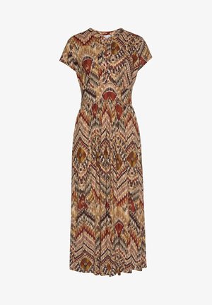 Midi-jurk met korte mouwen in een geometrisch en abstract patroon in roest, beige, bruin en mosterd, met een aangesloten taille.