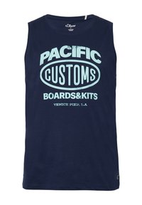 Granatowy bezrękawnik z bawełny z odrapanym jasnoniebieskim nadrukiem, na którym widnieje napis "PACIFIC CUSTOMS BOARDS&KITS" oraz "VENICE PIER, L.A."