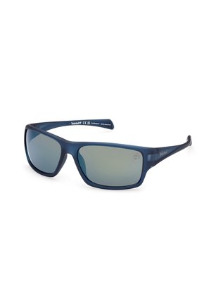 Blaue matte Sonnenbrille mit rechteckigen Gläsern, polarisierter Spiegelfinish und robustem Rahmen. Zeitloses Design, geeignet für den Outdoor-Einsatz.