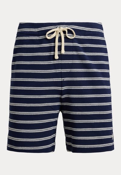 Navy blue knit shorts with horizontal white stripes and a white drawstring tie at the waist.