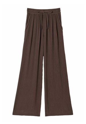 Pantalon marron à jambes larges avec taille élastique et cordon, équipé de poches latérales avec coutures décoratives.