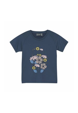 Marineblaue Kurzarm-T-Shirts mit einem blumigen Design in Hellpink, Gelb und Grün, runder Ausschnitt und glatter Stoffoberfläche.