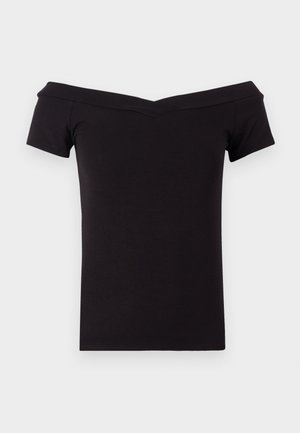 T-shirt noir décolleté avec des manches courtes, en coton doux ; présente un col en V et une silhouette ajustée.