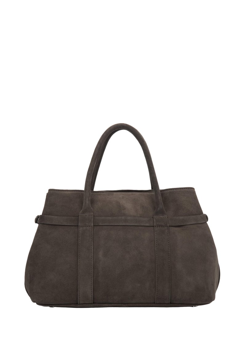 Torba tote w ciemnoszarym zamszu z dwoma zaokrąglonymi uchwytami, o uporządkowanym kształcie i minimalistycznym designie; brak widocznych elementów metalowych ani akcentów.