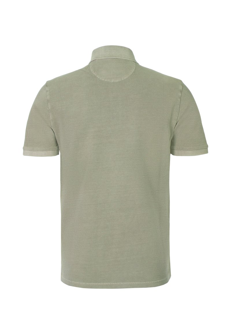Lysegrøn kortærmet polo med ribbet krave og manchetter, vist bagfra på en hvid baggrund.
