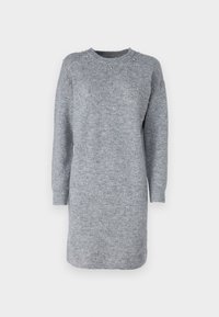 Grå strikket kjole med rund hals, lange ermer og subtile dekorasjoner med perler på skuldrene. Myk tekstur og middels lengde.