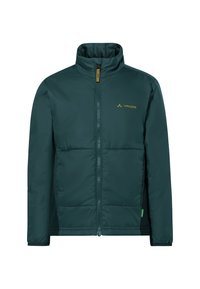 Veste isolante vert foncé avec un col haut, une fermeture éclair devant et un logo en or. Présente un design rembourré et des poignets élastiques.