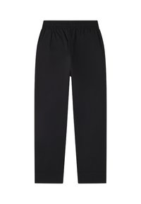 Pantaloni neri con vita elastica, dalla texture liscia, design a gamba diritta, tasche laterali e senza motivi o dettagli hardware visibili.