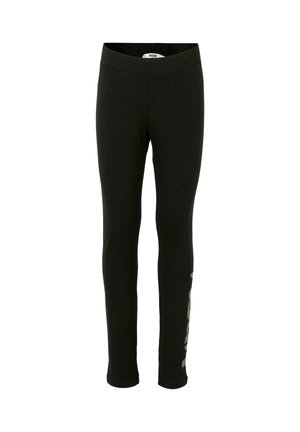 Leggings noirs fabriqués dans un matériau extensible, avec un design ajusté, une taille haute et un accent imprimé le long d'une jambe.
