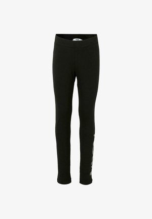 Zwarte legging gemaakt van rekbaar materiaal, met een aansluitend ontwerp, een hoge tailleband en een geprinte accent langs één been.