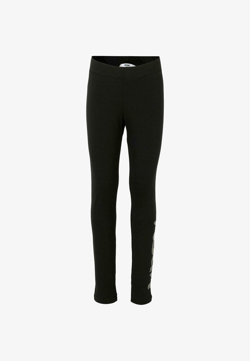 Czarne legginsy wykonane z elastycznego materiału, o dopasowanym kroju, wysokim pasie i nadrukowanym akcentem wzdłuż jednej nogawki.
