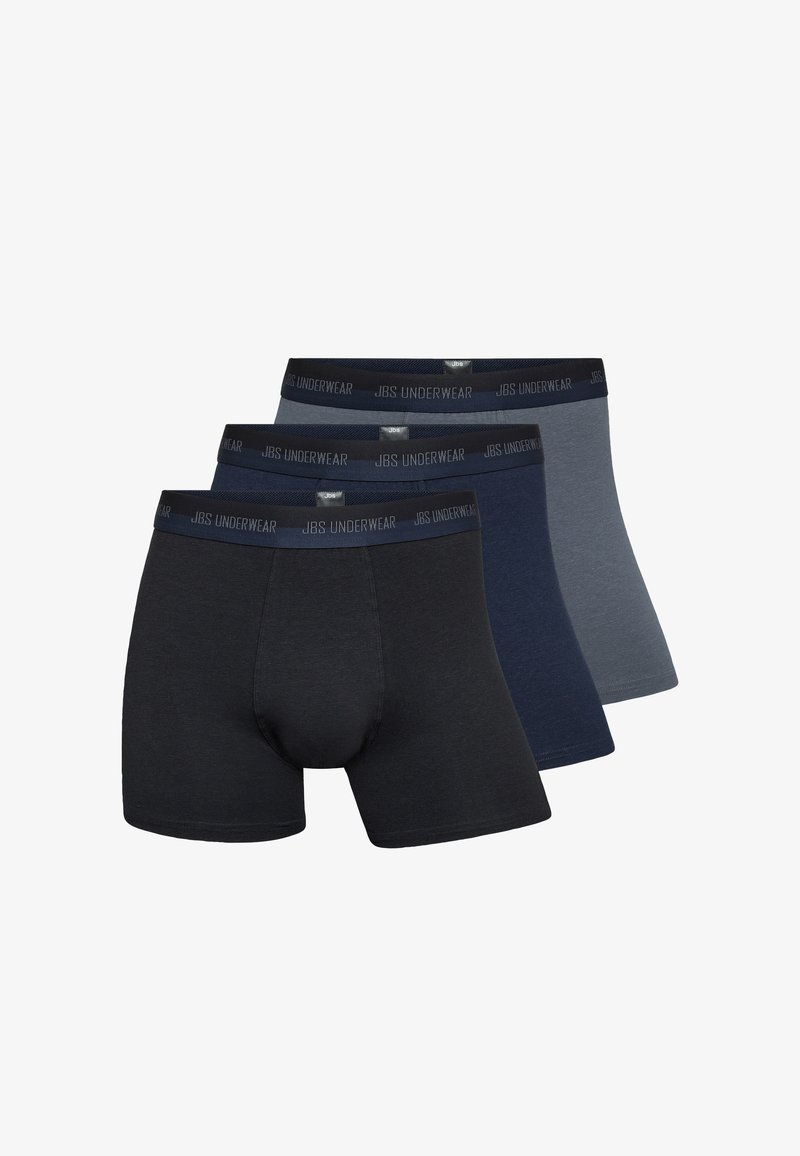 Three pairs of boxer shorts in black, dark blue, and light gray fabrics. Each features an elastic waistband with "JBS UNDERWEAR" branding.