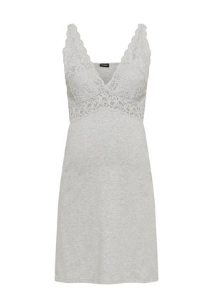 Jasnoszara, bezrękawnikowa koszula nocna z koronkowym biustonoszem i falowanymi krawędziami. Miękki materiał o luźnym kroju, zaprojektowany z myślą o komforcie.
